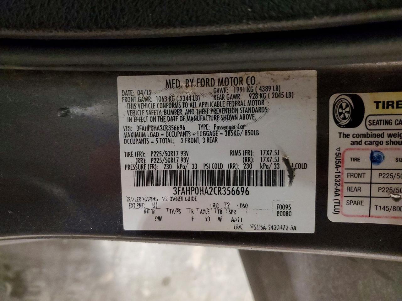 2012 Ford Fusion VIN 3FAHP0HA2CR356696 photo 12