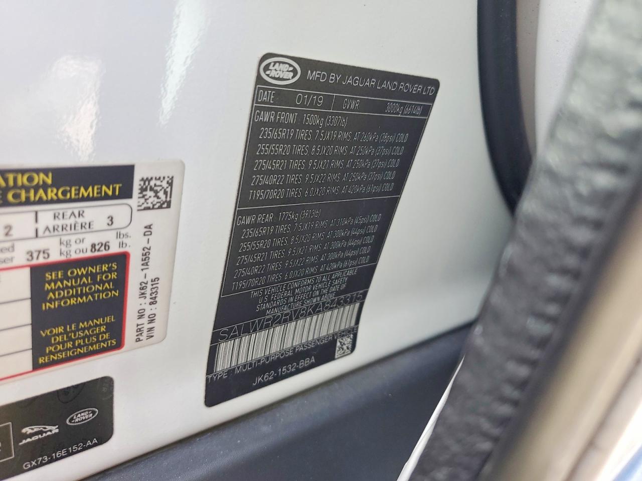 2019 Land Rangerover VIN SALWR2RV8KA843315 photo 12