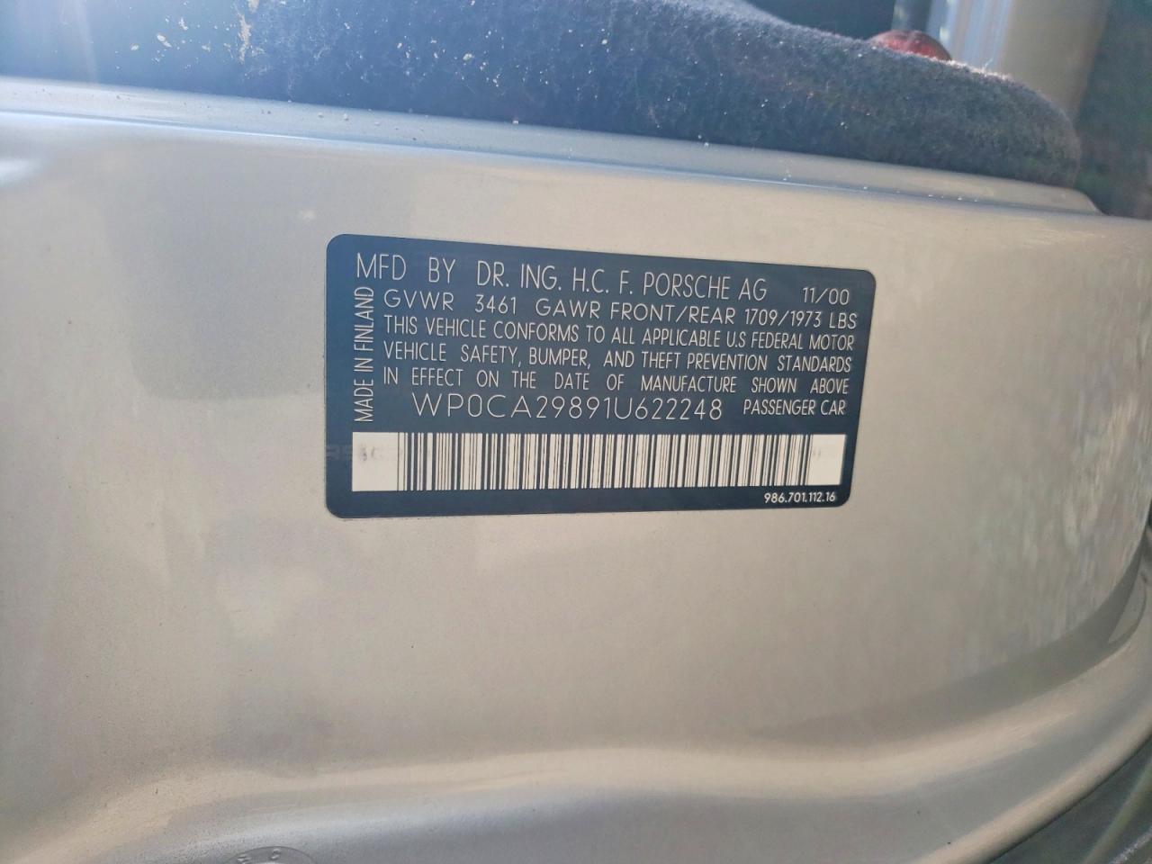 2001 Porsche Boxster VIN WP0CA29891U622248 photo 12