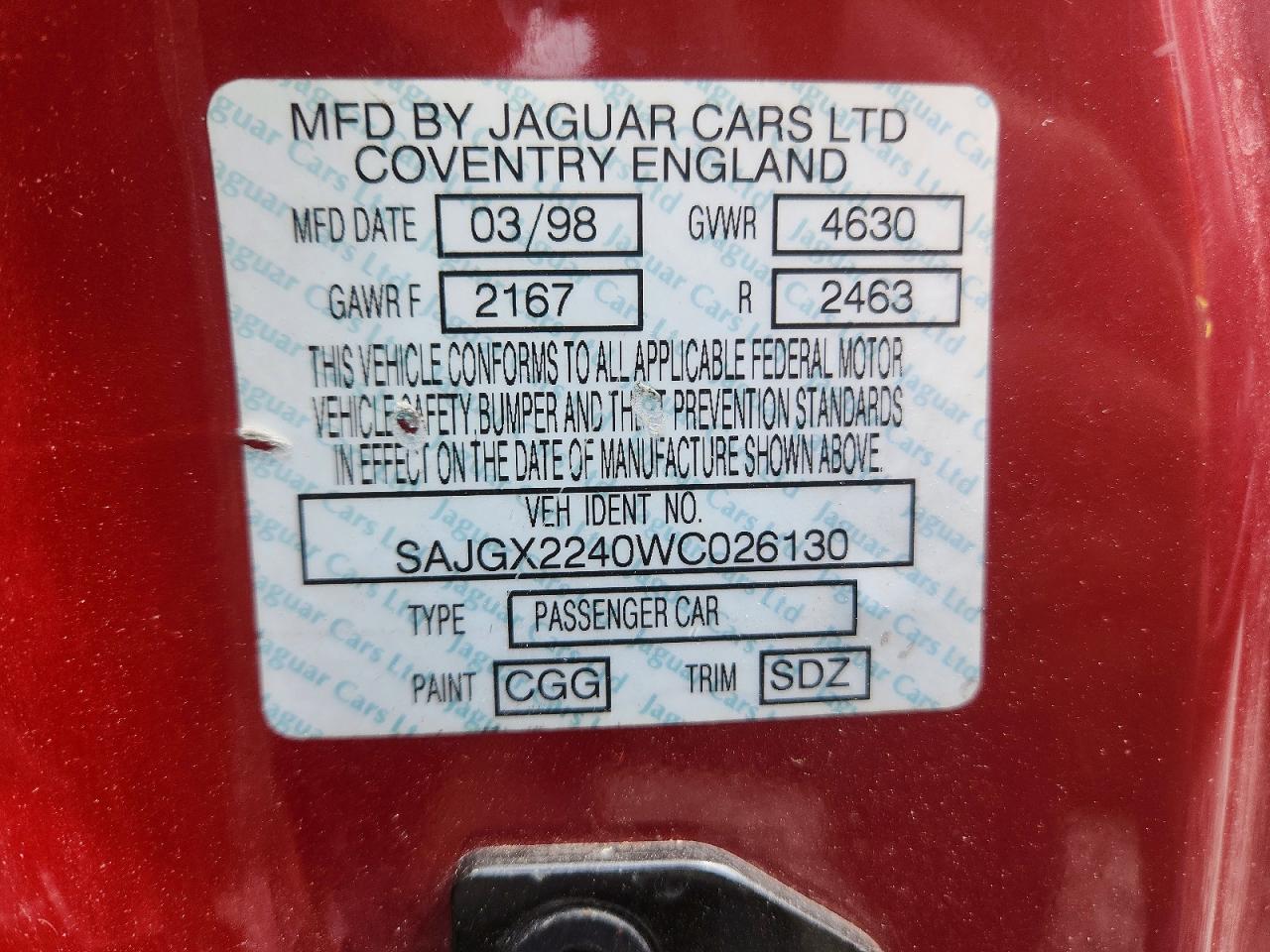 1998 Jaguar Xk8 VIN SAJGX2240WC026130 photo 12
