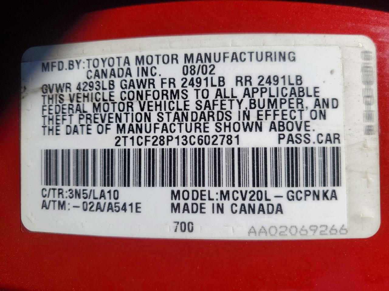 2003 TOYOTA Camry sola VIN 2T1CF28P13C602781 photo 12