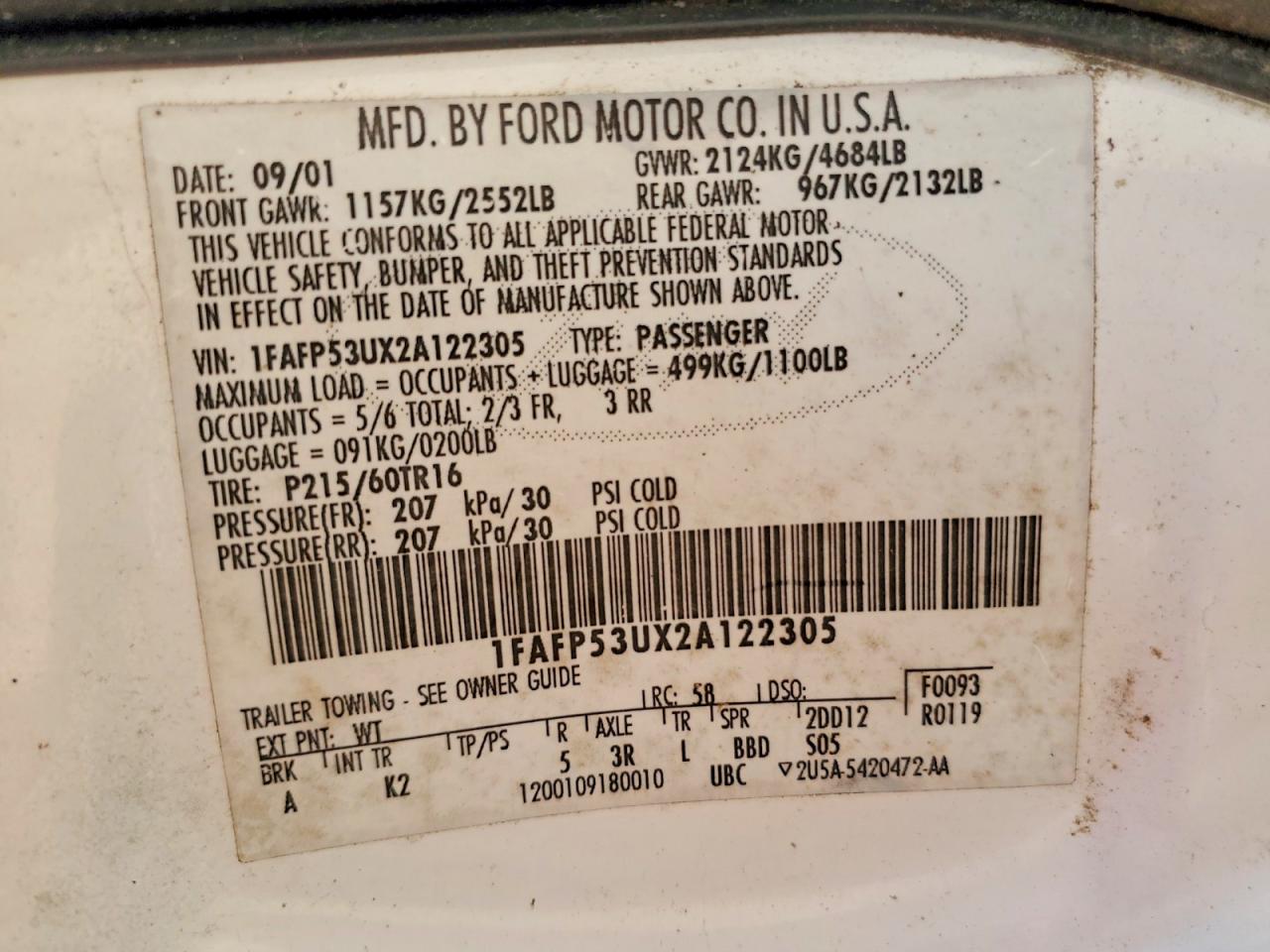 2002 Ford Taurus VIN 1FAFP53UX2A122305 photo 12