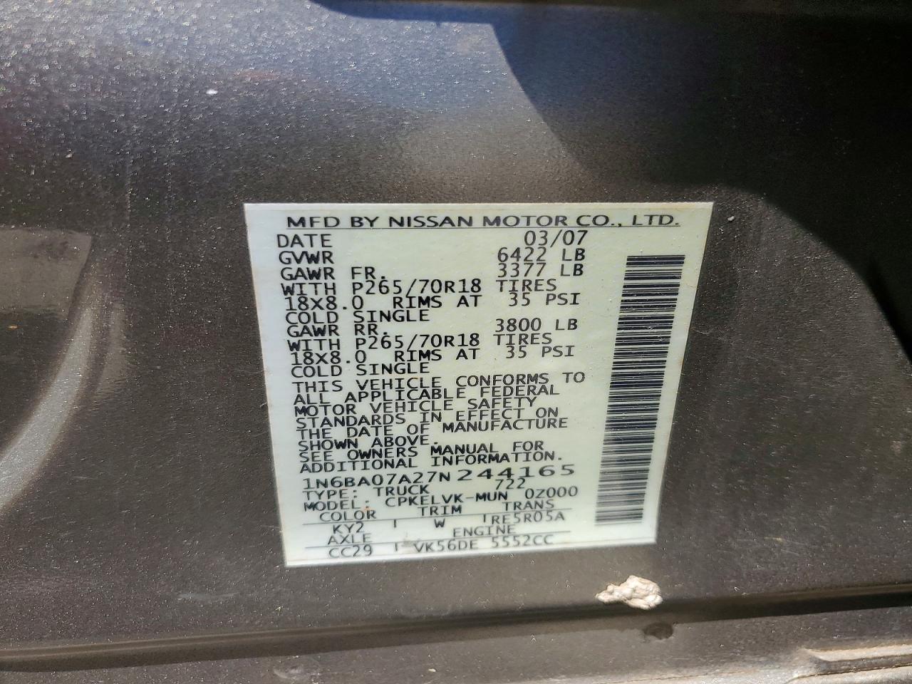 2007 Nissan TITAN VIN 1N6BA07A27N244165 photo 12