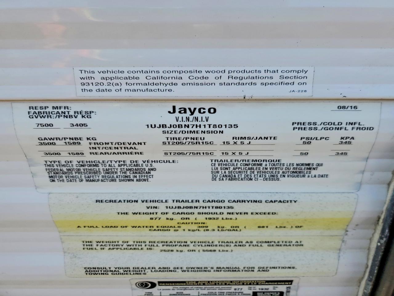2017 JAYCO Travel tra VIN 1UJBJ0BN7H1T80135 photo 10