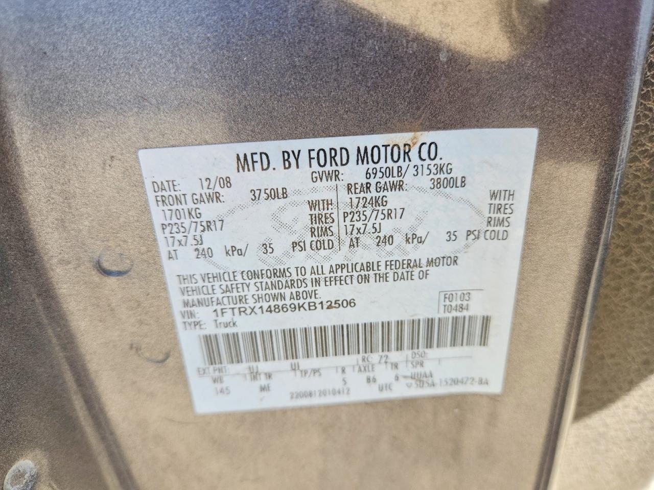 2009 FORD F150 VIN 1FTRX14869KB12506 photo 12