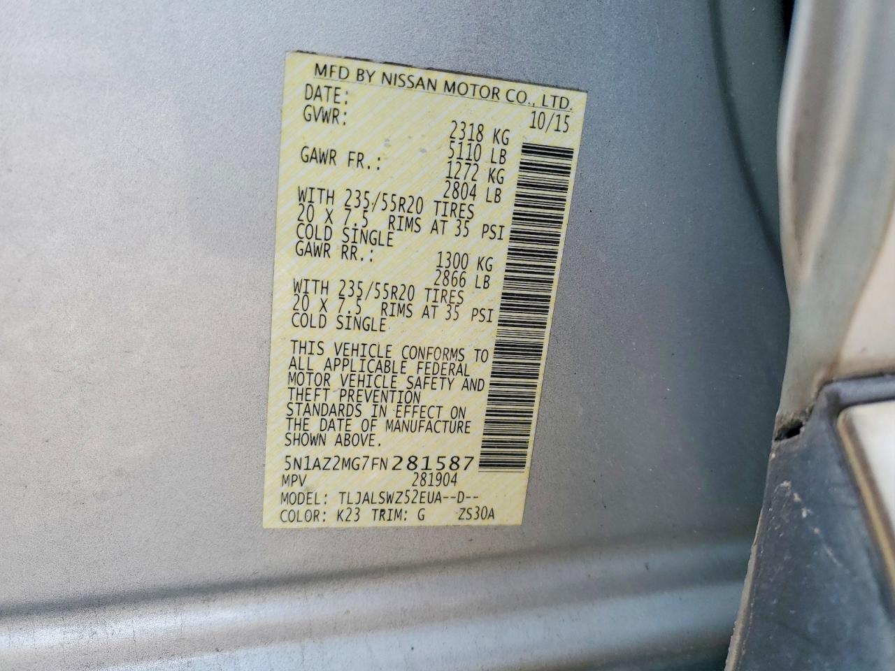 2015 NISS Murano VIN 5N1AZ2MG7FN281587 photo 12