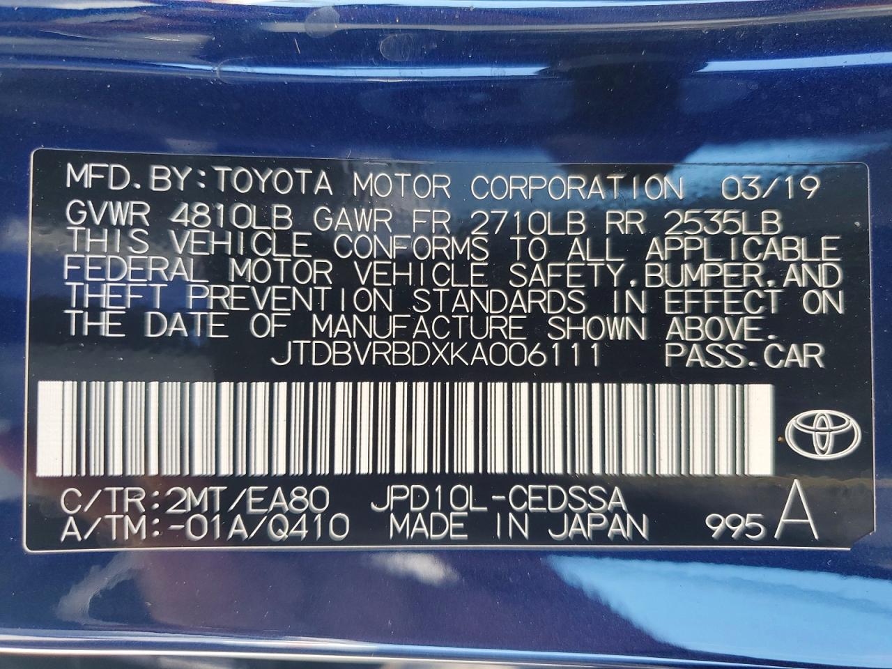2019 Toyota Mirai VIN JTDBVRBDXKA006111 photo 12