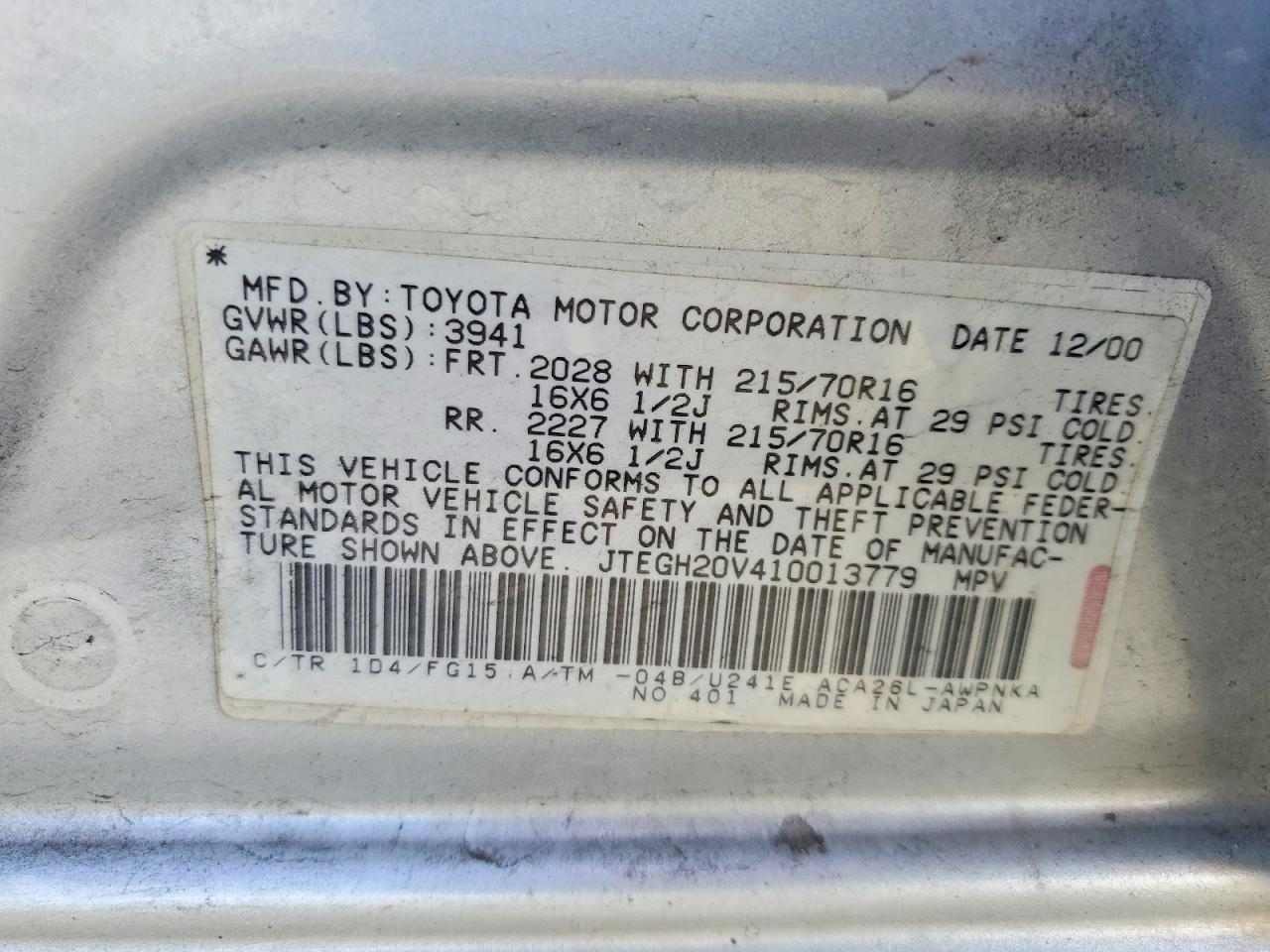 2001 TOYOTA Rav4 VIN JTEGH20V410013779 photo 12