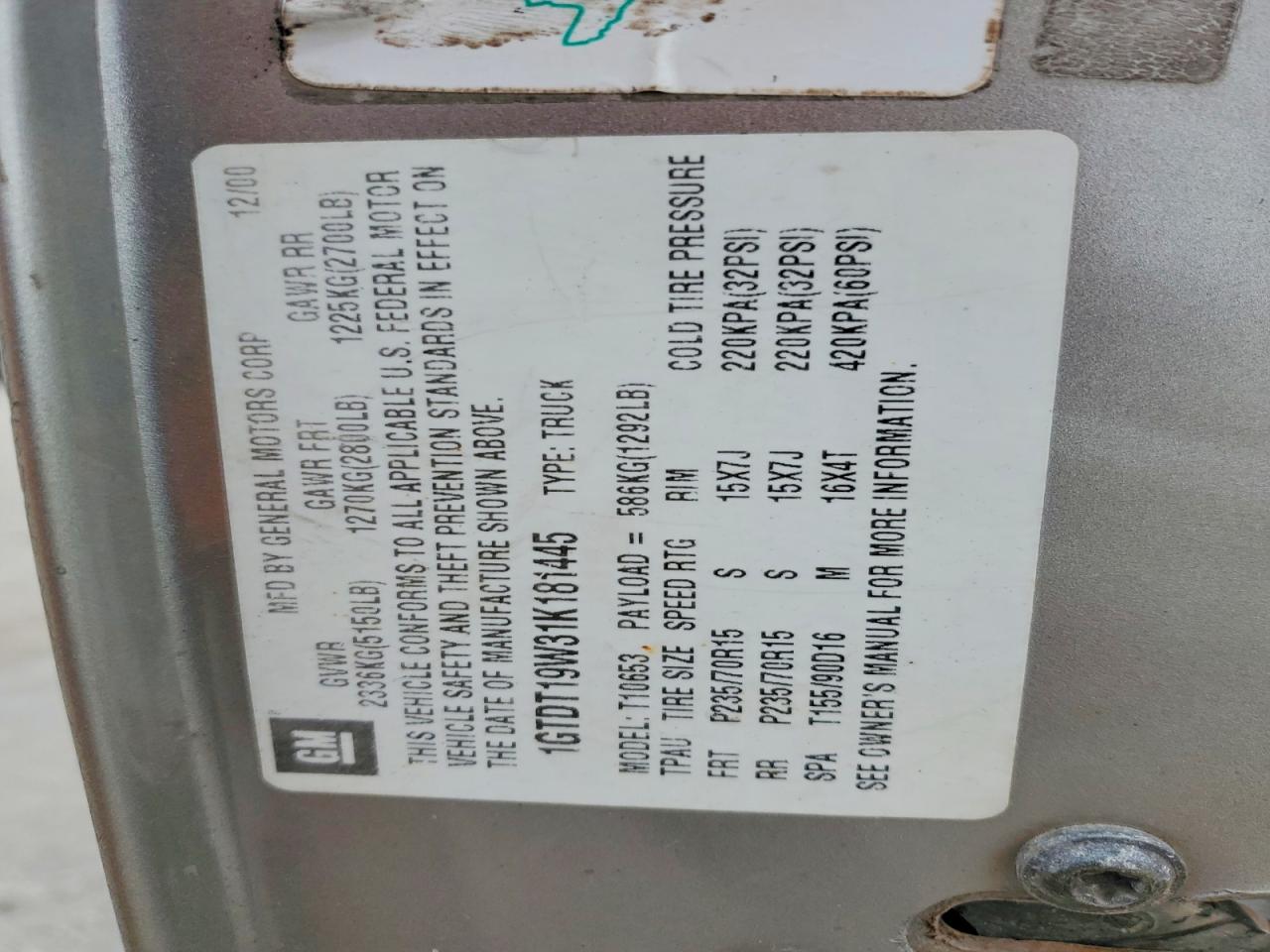 2001 GMC Sonoma VIN 1GTDT19W31K181445 photo 12