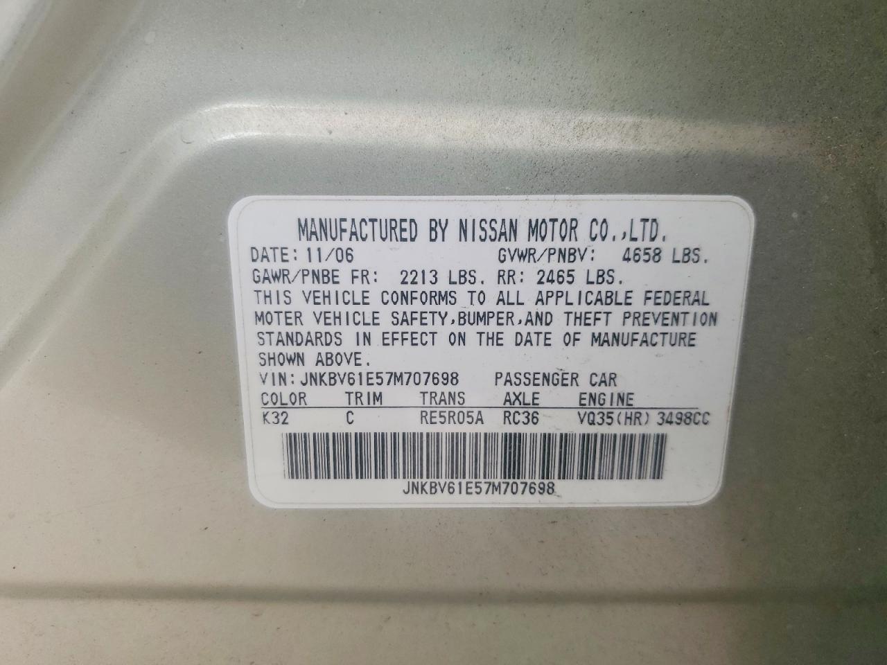 2007 Infiniti G35 VIN JNKBV61E57M707698 photo 12