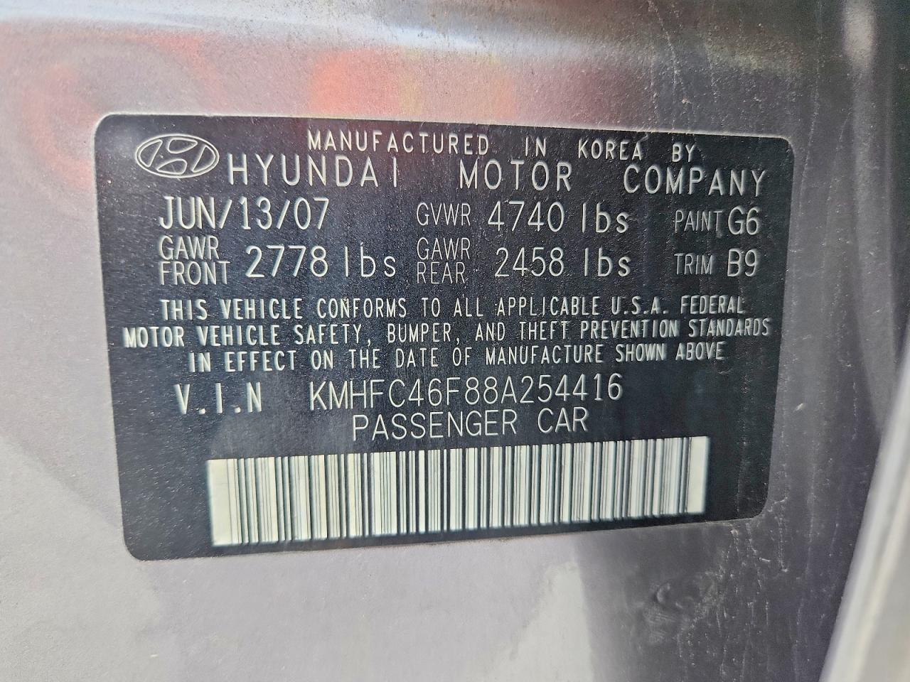 2008 HYUNDAI Azera VIN KMHFC46F88A254416 photo 12