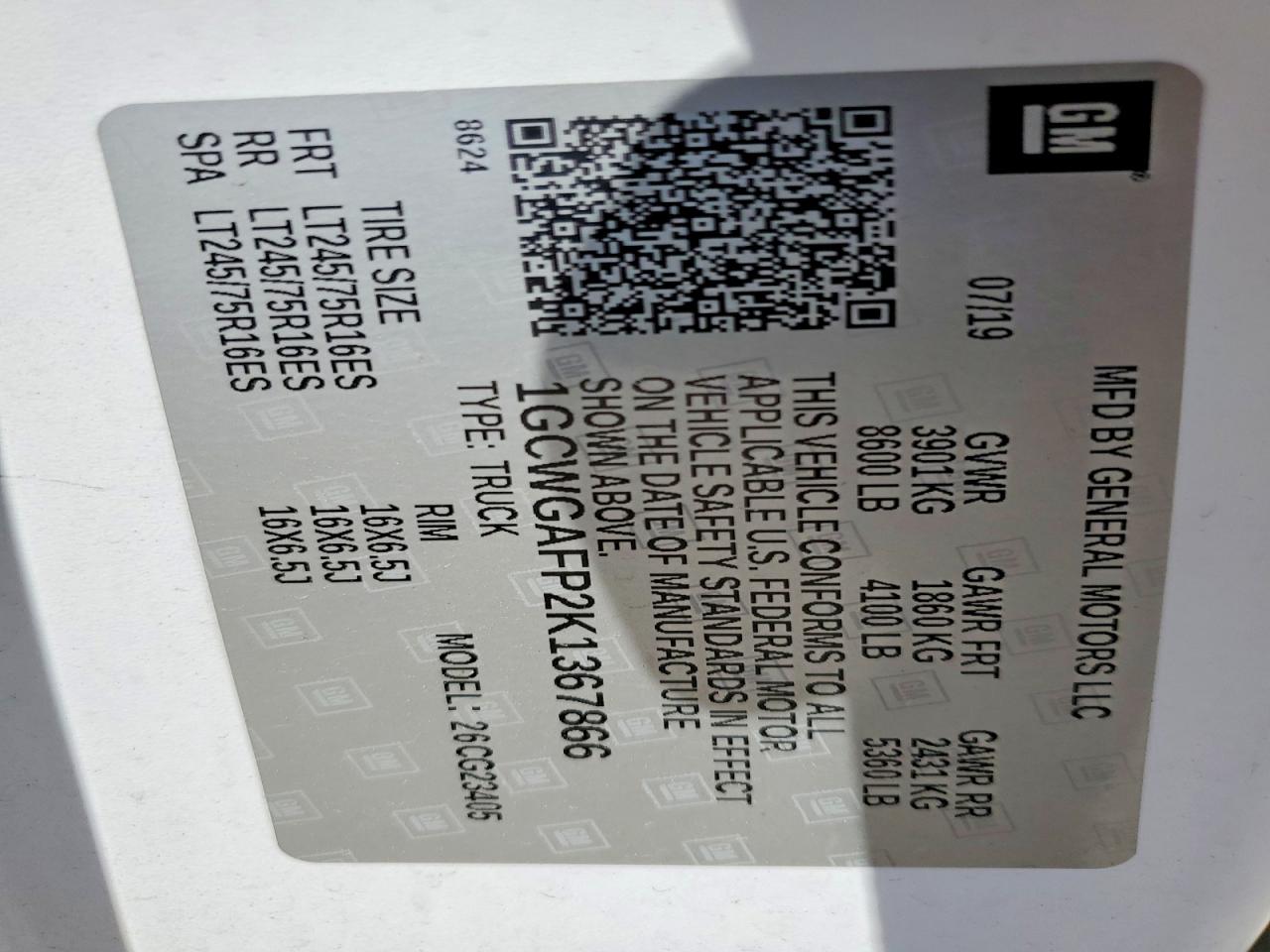 2019 CHEV Express VIN 1GCWGAFP2K1367866 photo 12