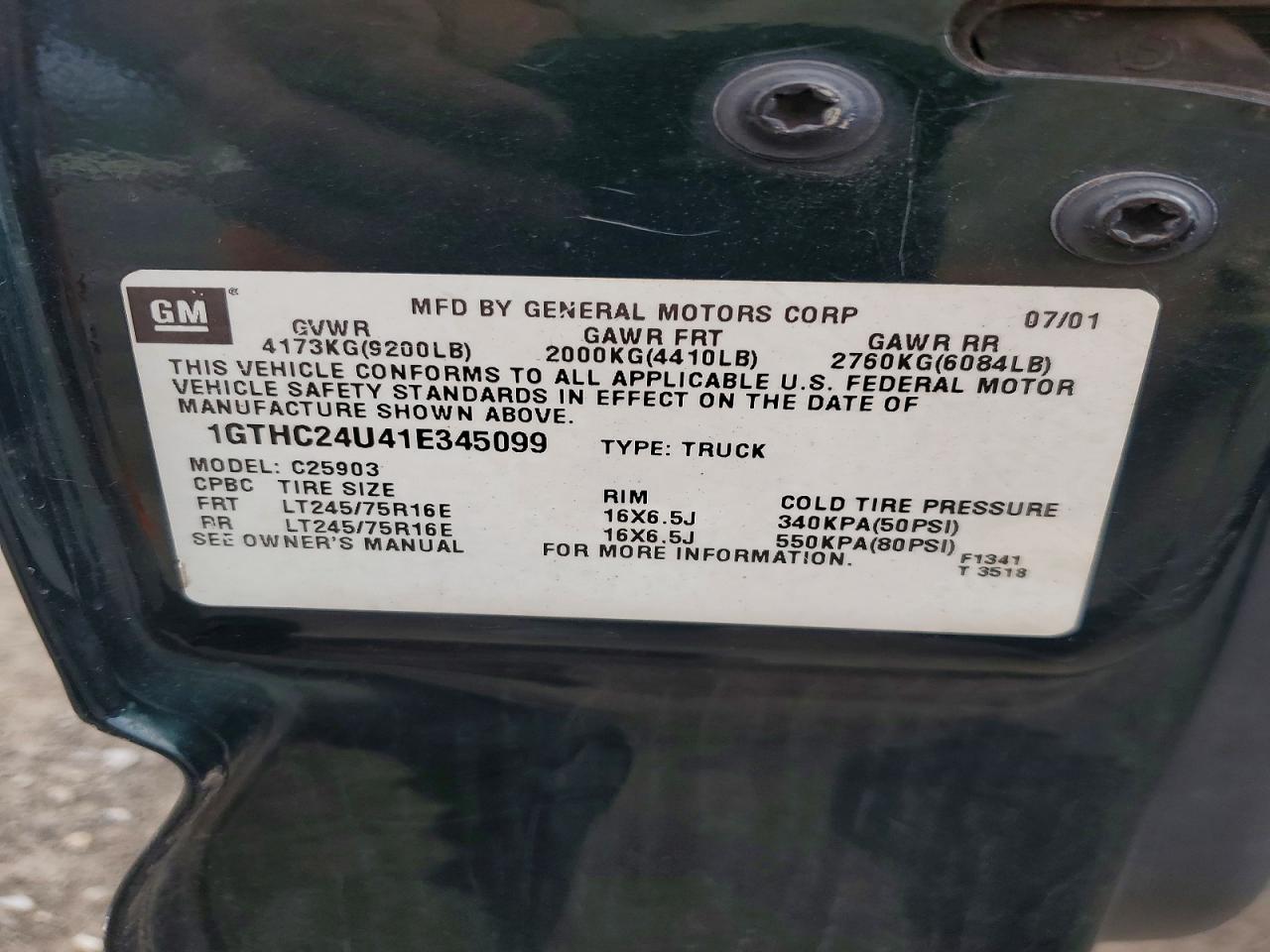 2001 GMC SIERRA VIN 1GTHC24U41E345099 photo 12