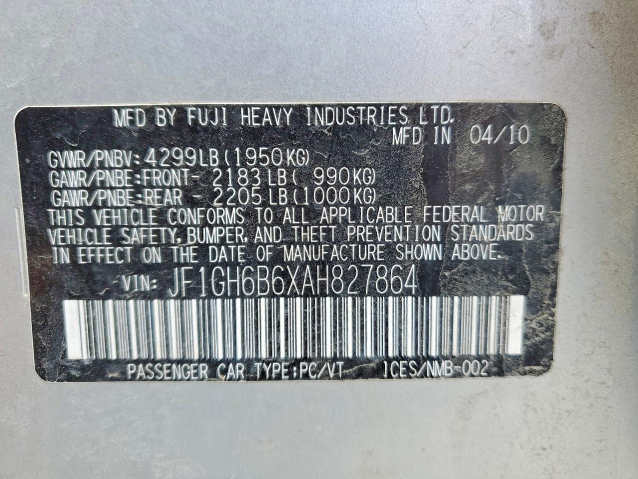 2010 Subaru Impreza VIN JF1GH6B6XAH827864 photo 12