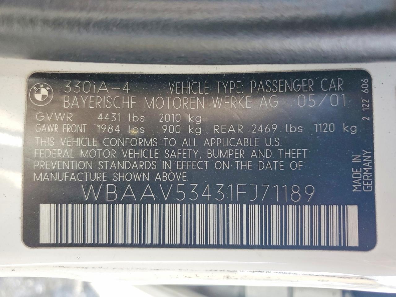 2001 BMW 3 series VIN WBAAV53431FJ71189 photo 12