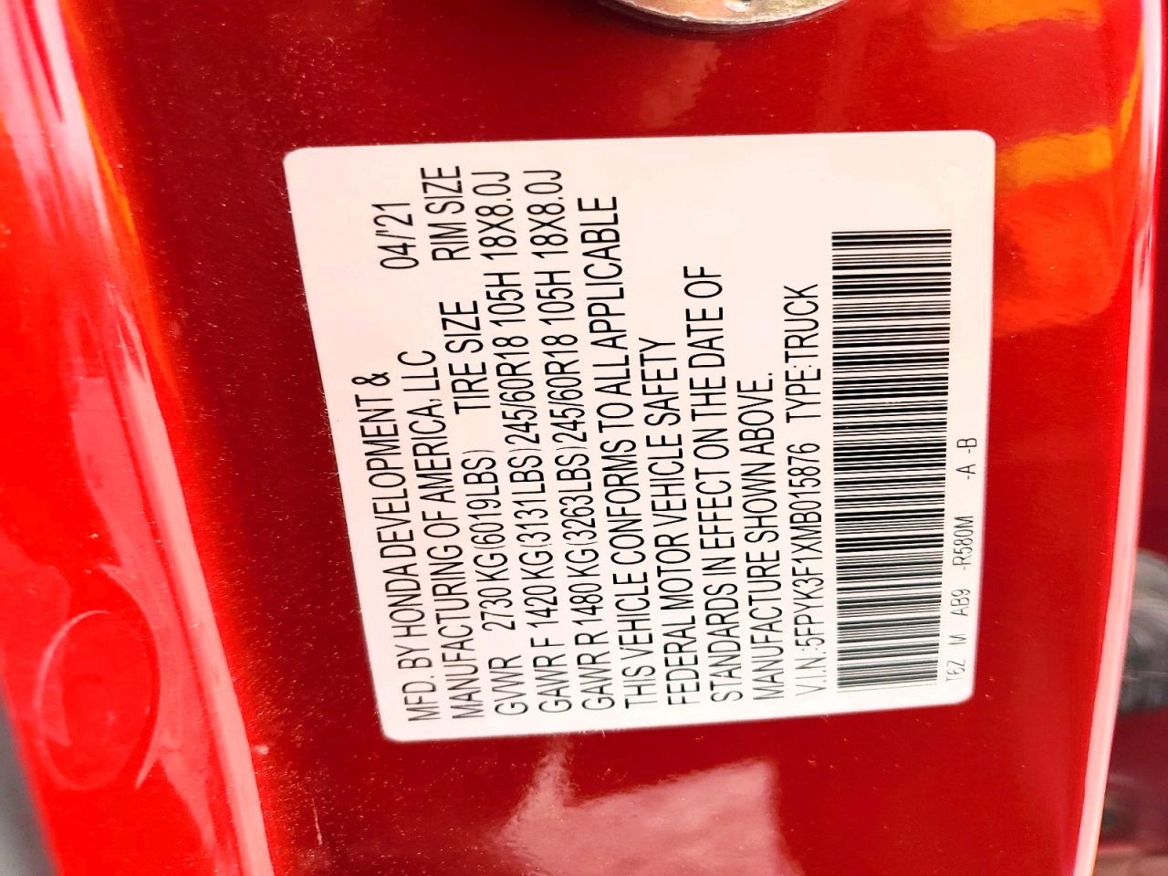 2021 Honda Ridgeline VIN 5FPYK3F1XMB015876 photo 12