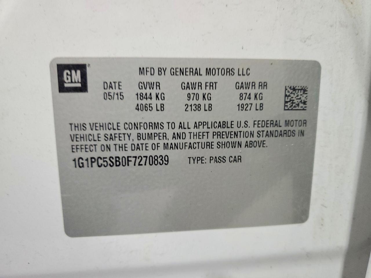 2015 CHEV Cruze VIN 1G1PC5SB0F7270839 photo 12