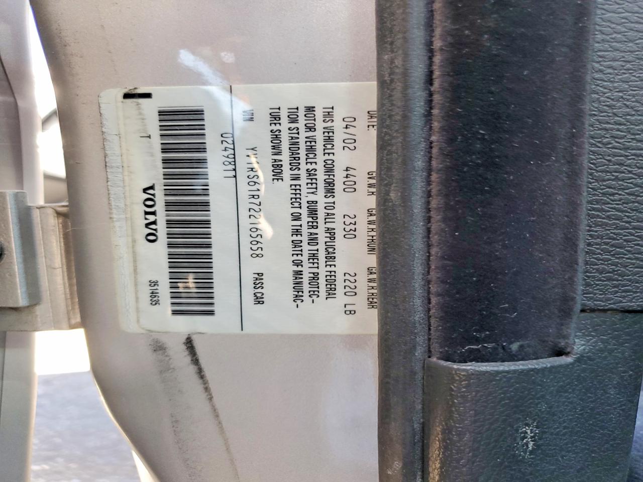 2002 VOLV S60 VIN YV1RS61R722165658 photo 12