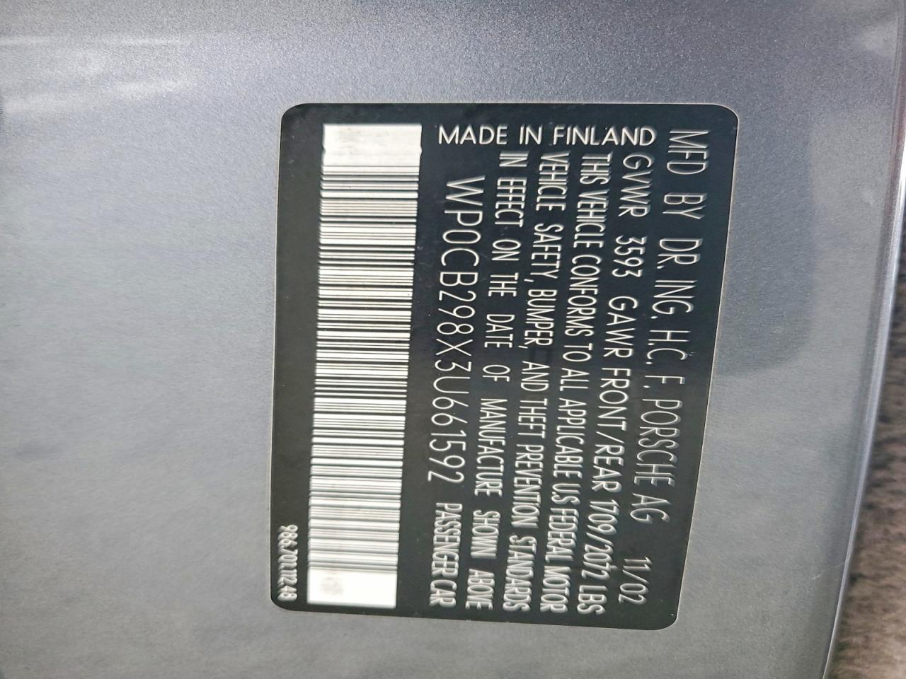 2003 Porsche Boxster VIN WP0CB298X3U661592 photo 12