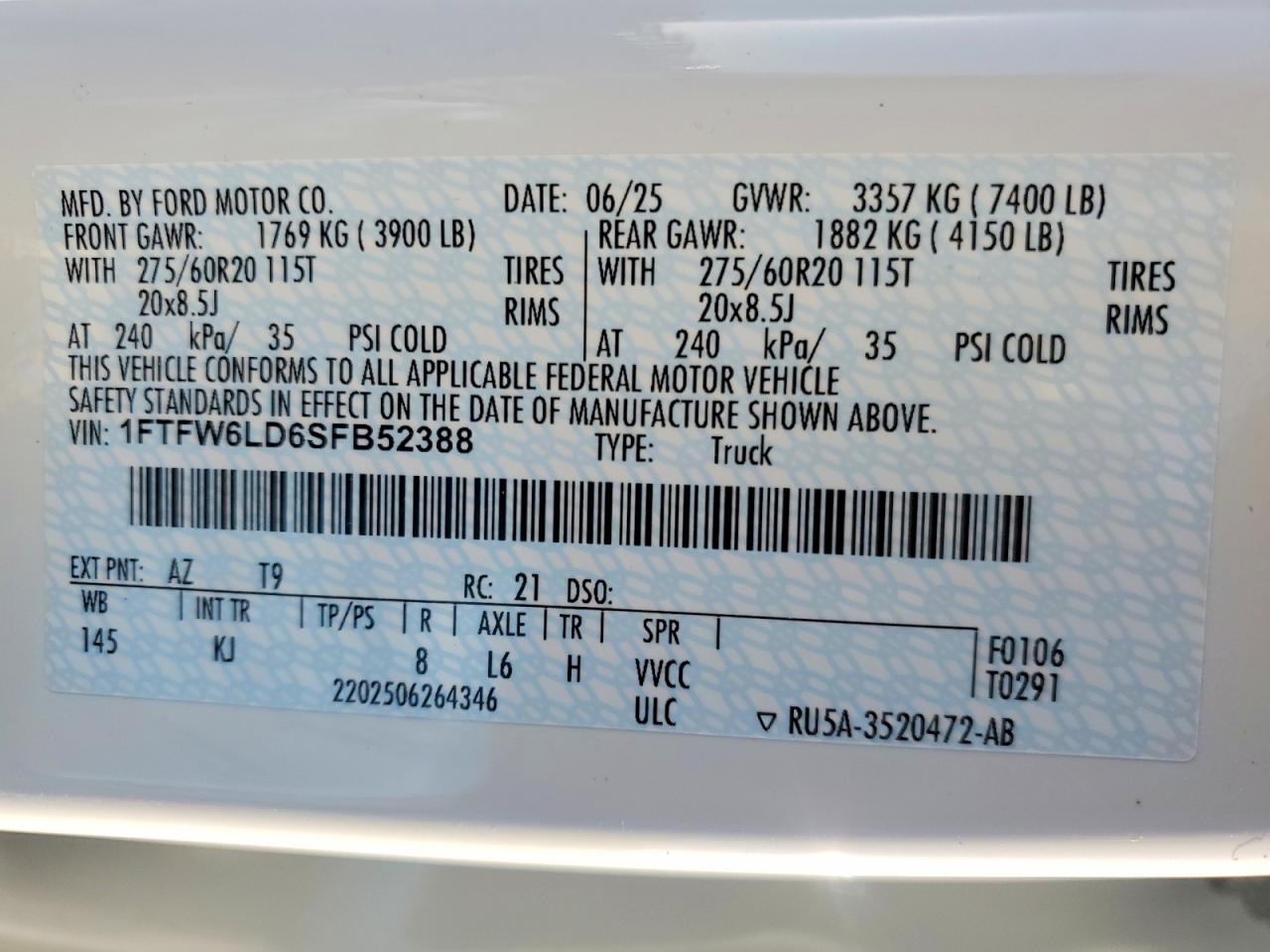2025 Ford F150 VIN 1FTFW6LD6SFB52388 photo 12