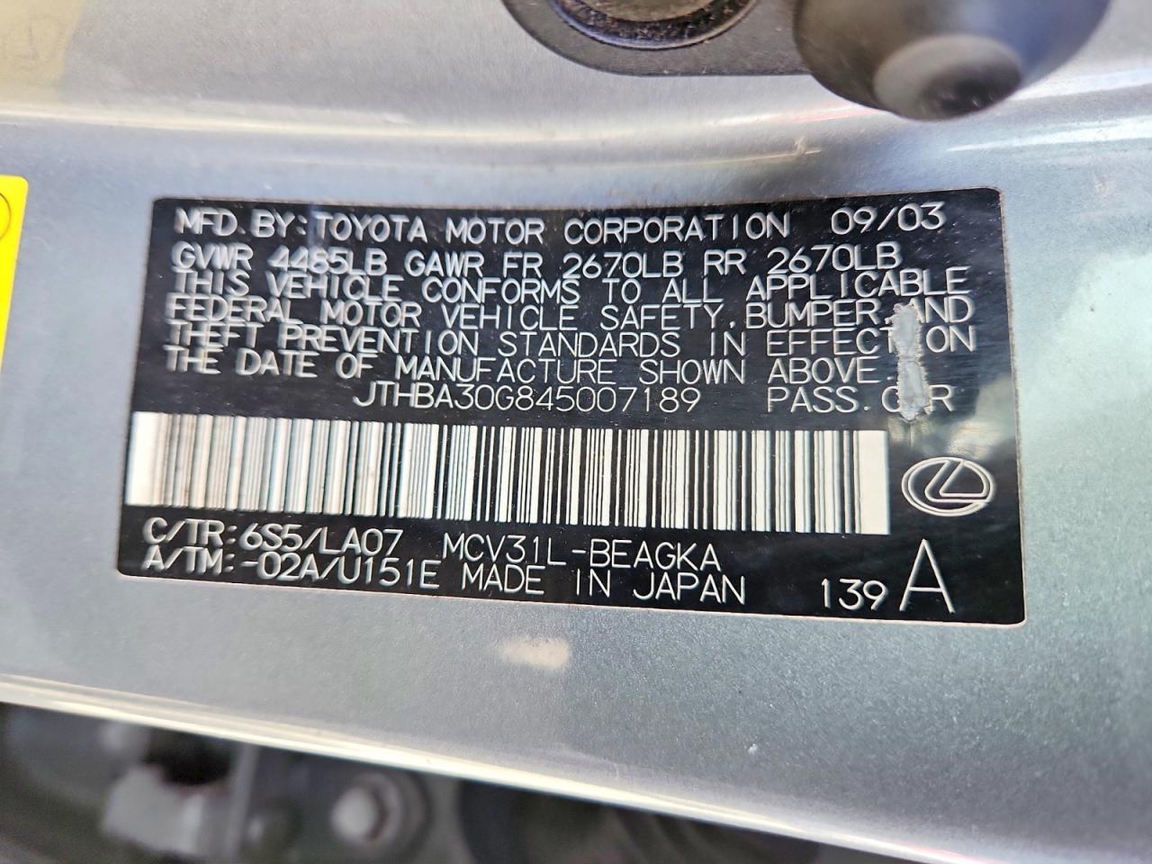 2004 Lexus Es330 VIN JTHBA30G845007189 photo 12