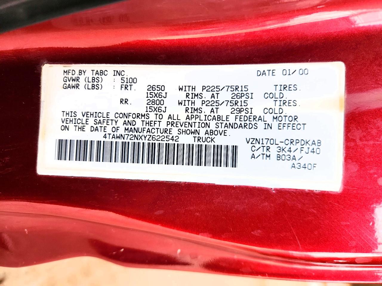 2000 Toyota Tacoma VIN 4TAWN72NXYZ622542 photo 12
