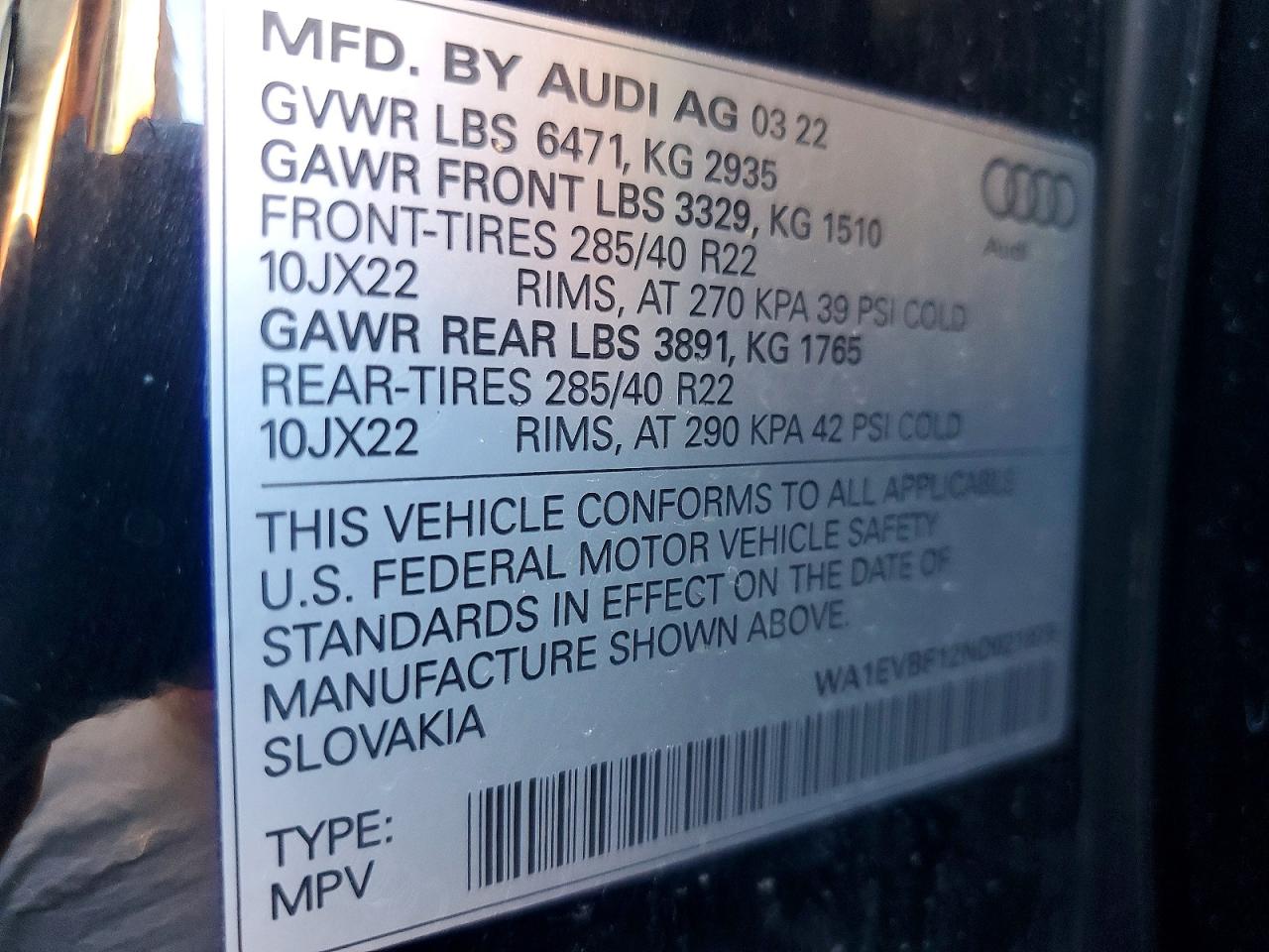 2022 Audi Q8 VIN WA1EVBF12ND021879 photo 12