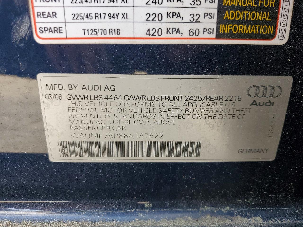 2006 Audi A3 VIN WAUMF78P66A187822 photo 12