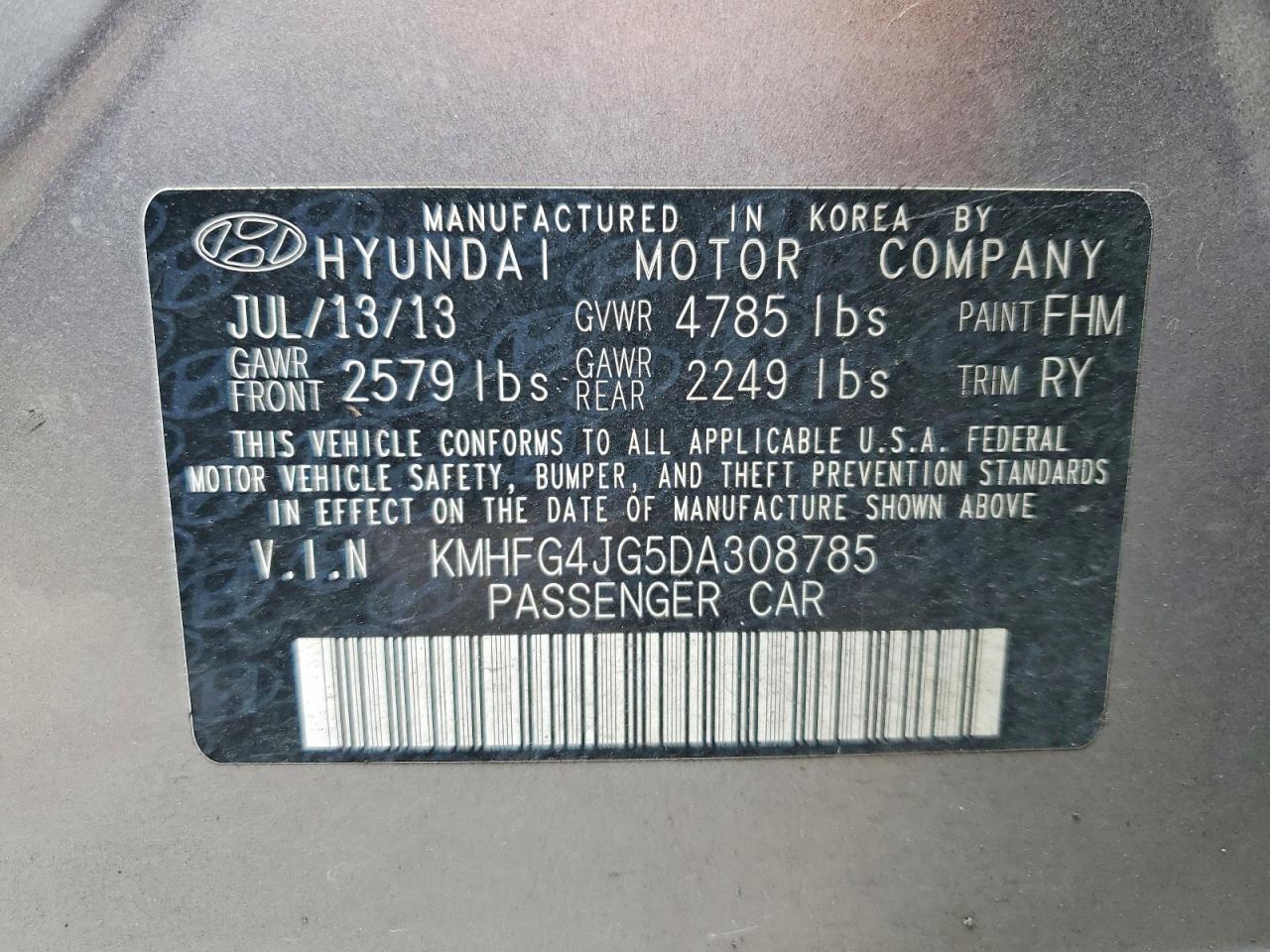 2013 Hyundai Azera VIN KMHFG4JG5DA308785 photo 12