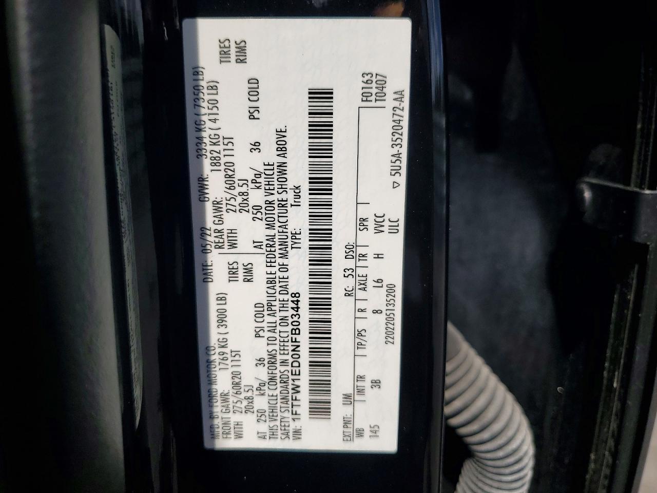 2022 Ford F150 VIN 1FTFW1ED0NFB03448 photo 12