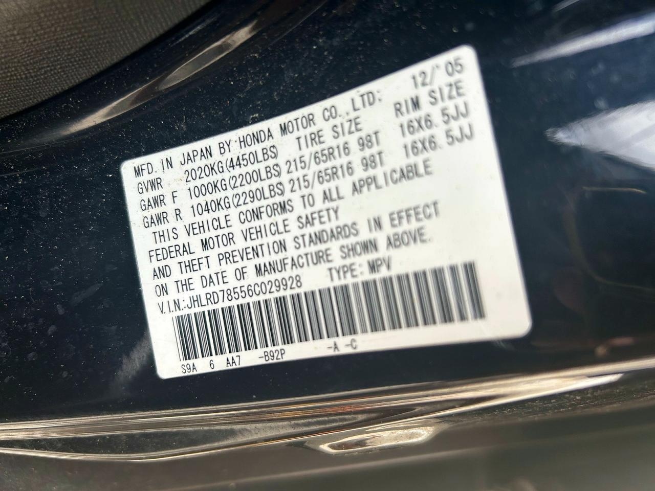 2006 Honda Crv VIN JHLRD78556C029928 photo 10