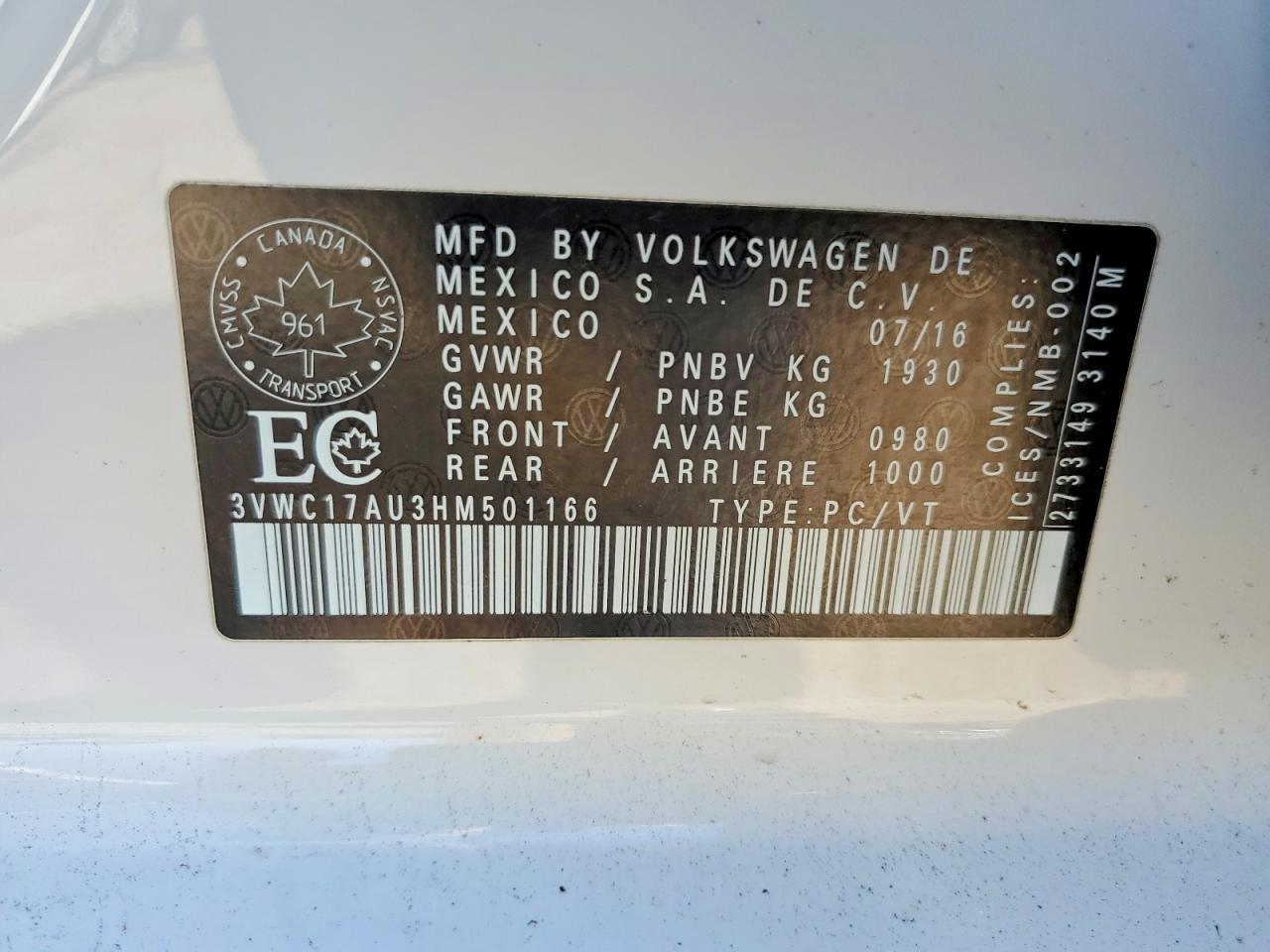 2017 Golf VIN 3VWC17AU3HM501166 photo 12
