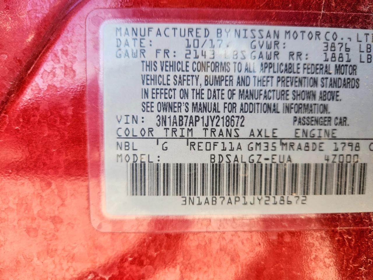 2018 NISS Sentra VIN 3N1AB7AP1JY218672 photo 12