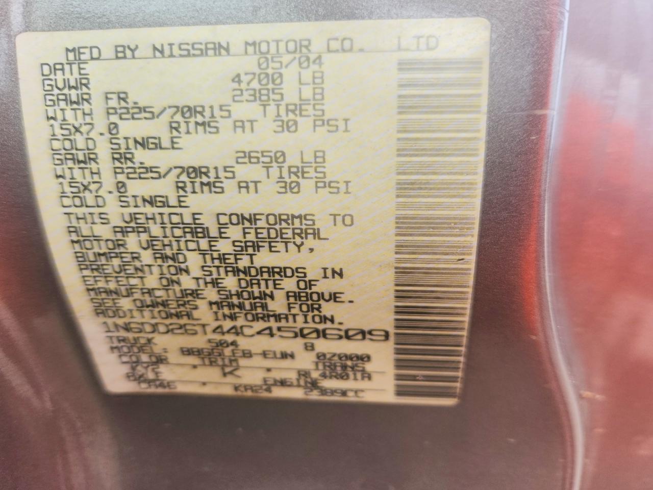 2004 Nissan Frontier VIN 1N6DD26T44C450609 photo 12