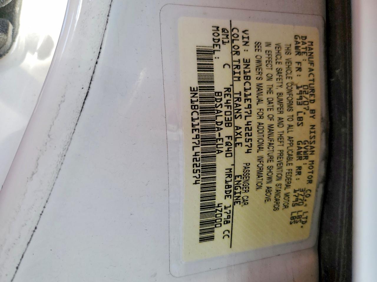 2007 Nissan Versa VIN 3N1BC11E97L422574 photo 12