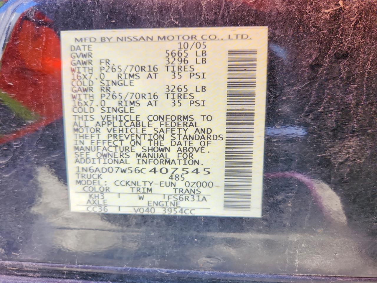2006 Nissan Frontier VIN 1N6AD07W56C407545 photo 12
