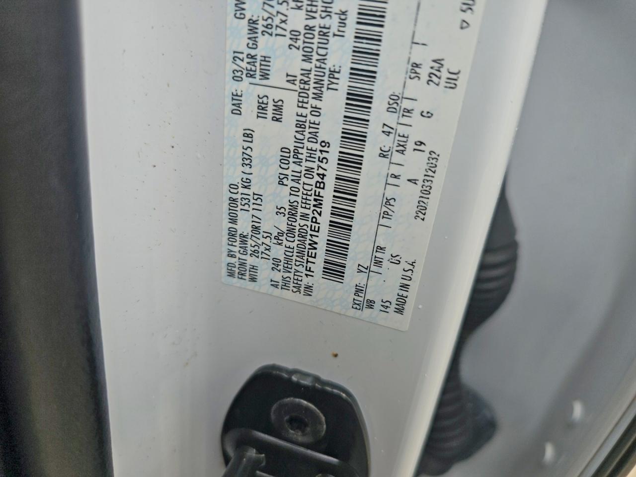 2021 Ford F150 VIN 1FTEW1EP2MFB47519 photo 10