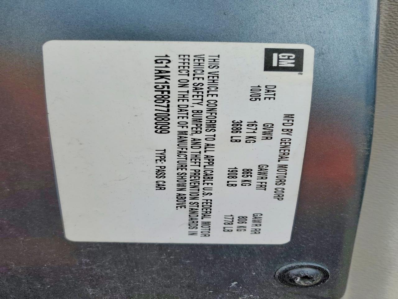 2006 Chevrolet Cobalt VIN 1G1AK15F867708099 photo 12
