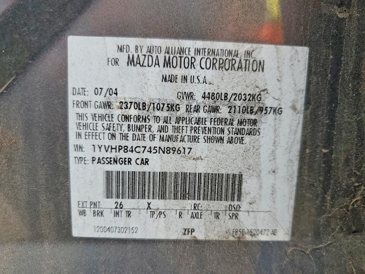 2004 Mazda 6 VIN 1YVHP84C745N89617 photo 12