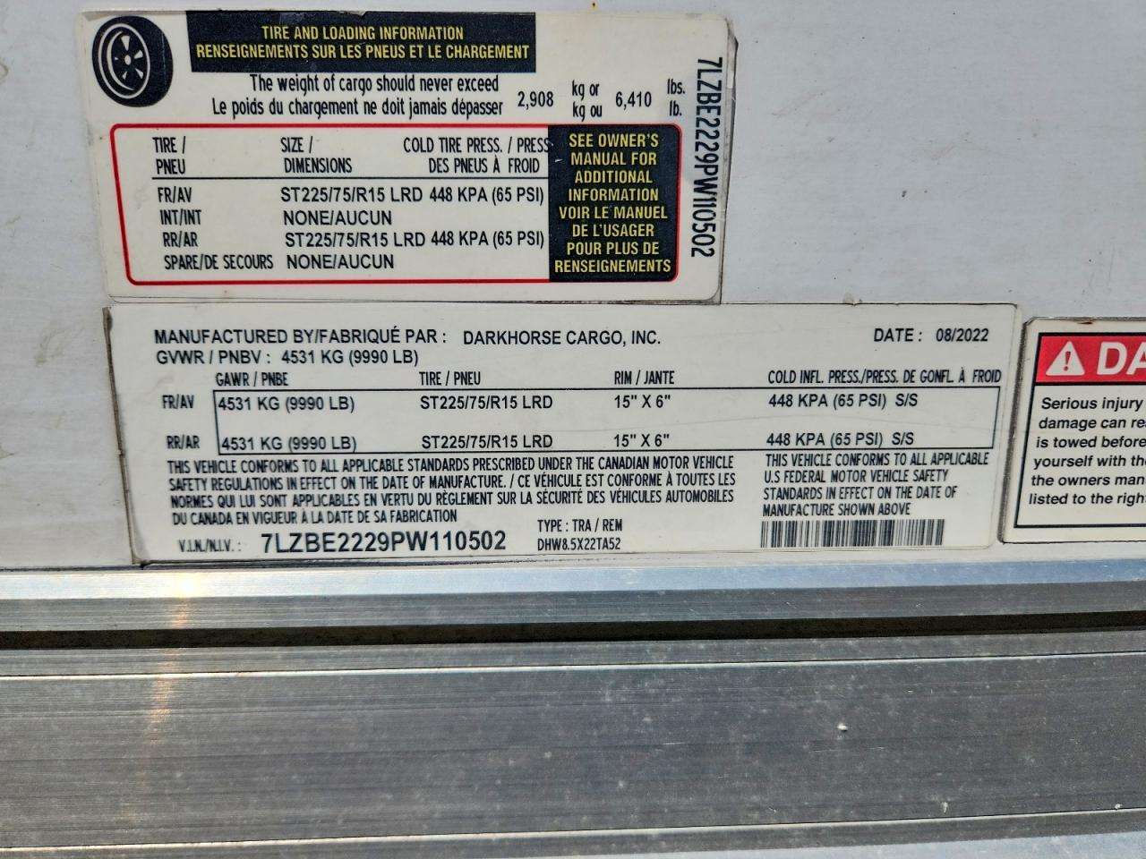 2023 DARKHORSE CARGO DHW8.5X22TA52 ENCLOSED CARGO TRAILER VIN 7LZBE2229PW110502 photo 10