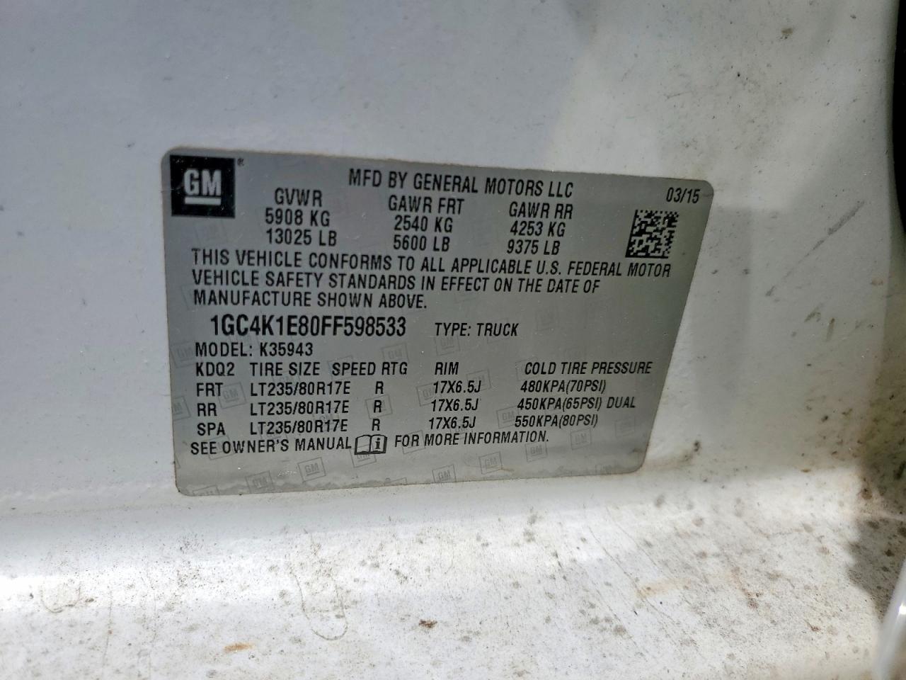 2015 Chev Silverado VIN 1GC4K1E80FF598533 photo 12