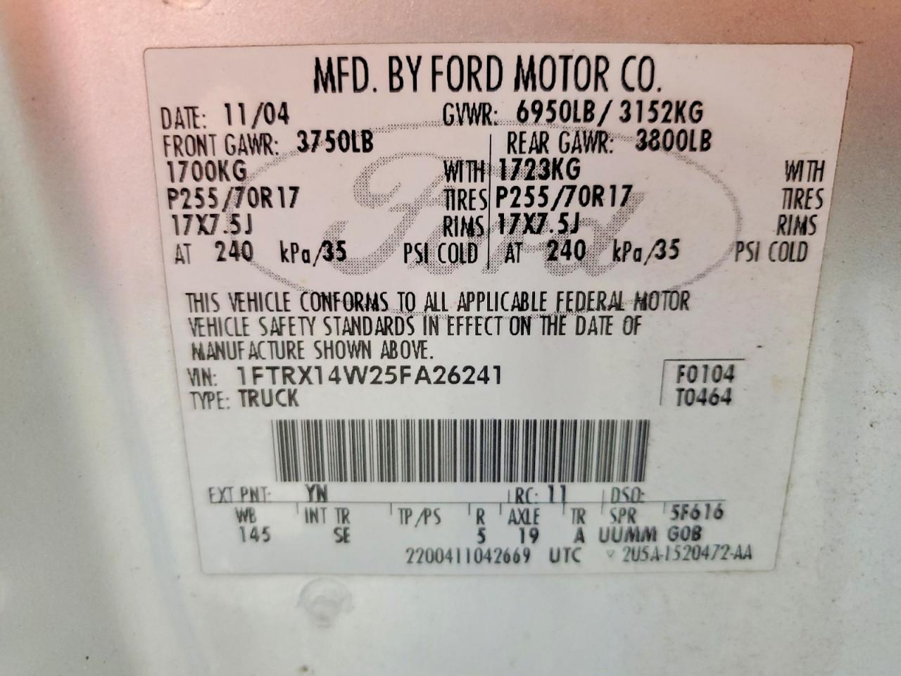 2005 FORD F150 VIN 1FTRX14W25FA26241 photo 12