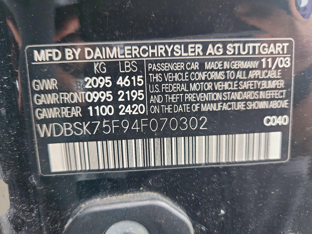 2004 MERCEDES-BENZ Sl-class VIN WDBSK75F94F070302 photo 12