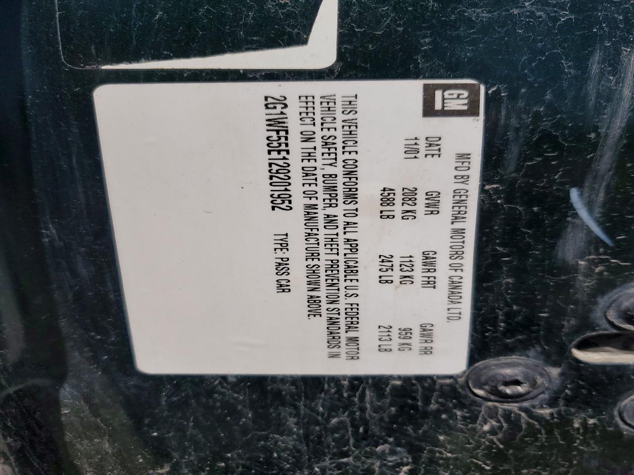 2002 CHEV Impala VIN 2G1WF55E129201952 photo 12
