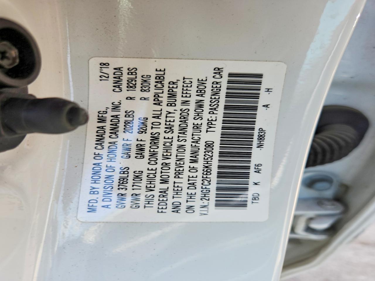 2019 Honda Civic VIN 2HGFC2F66KH523080 photo 12