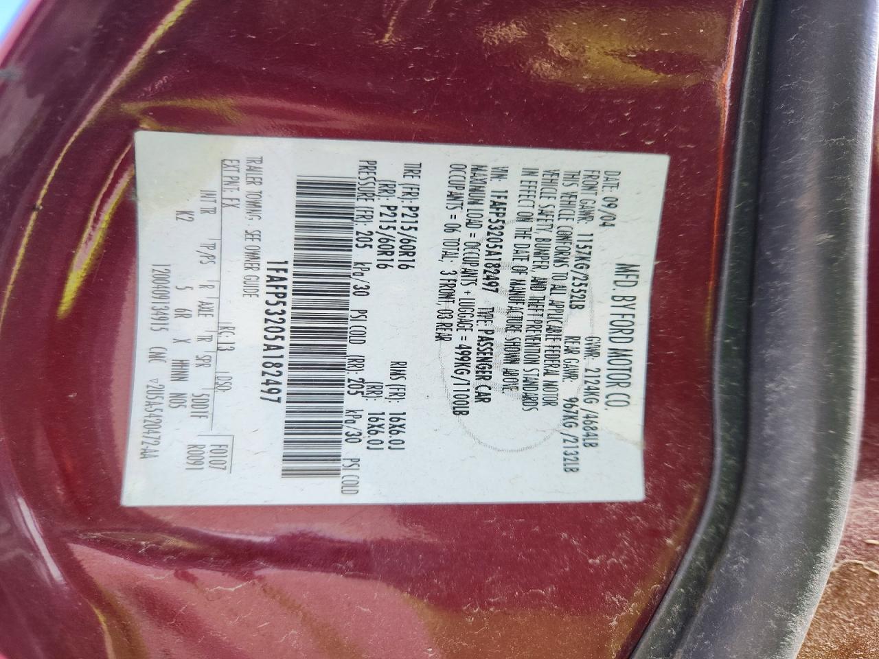 2005 Ford Taurus VIN 1FAFP53205A182497 photo 12