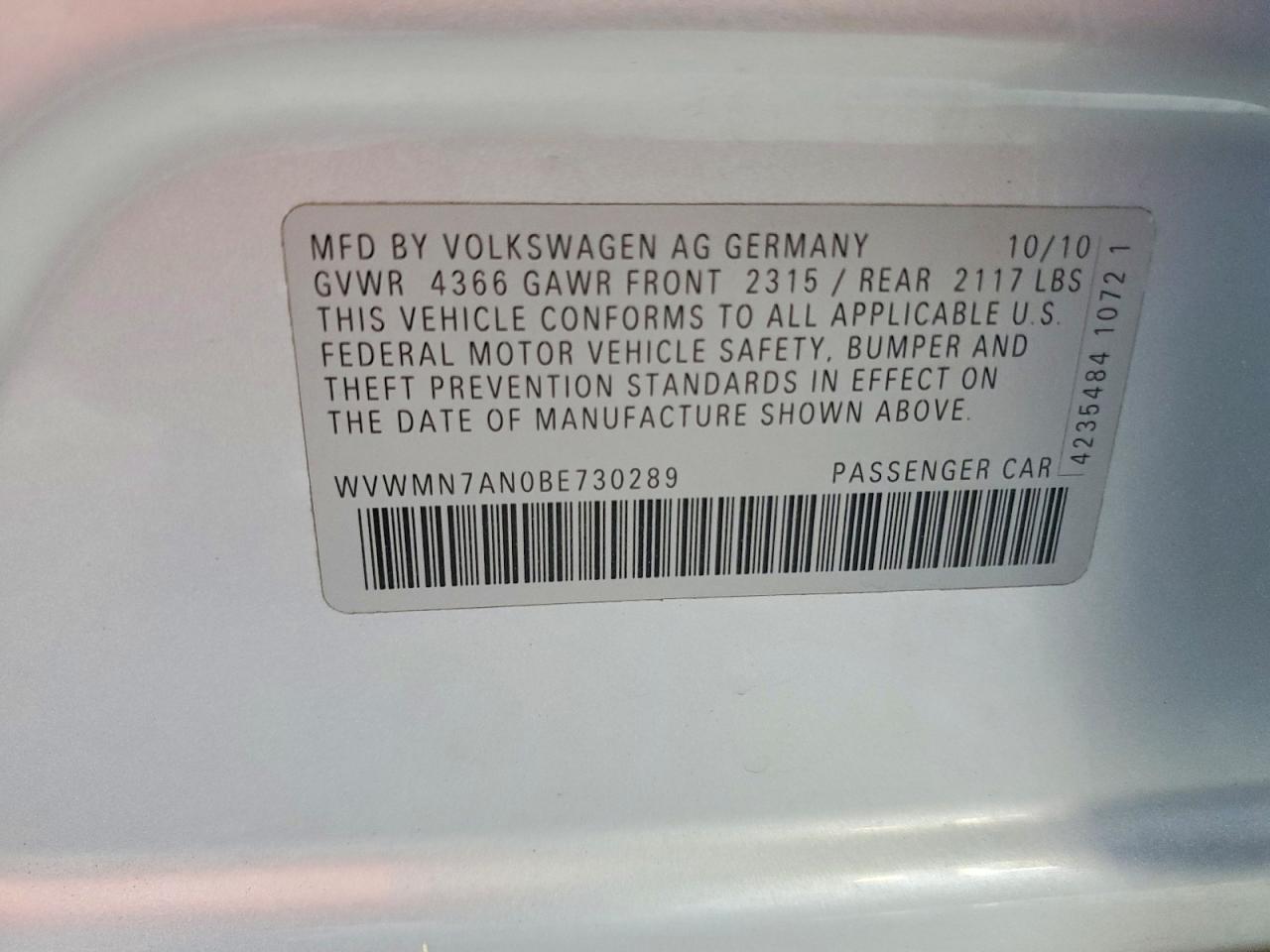 2011 VOLKSWAGEN Cc VIN WVWMN7AN0BE730289 photo 12