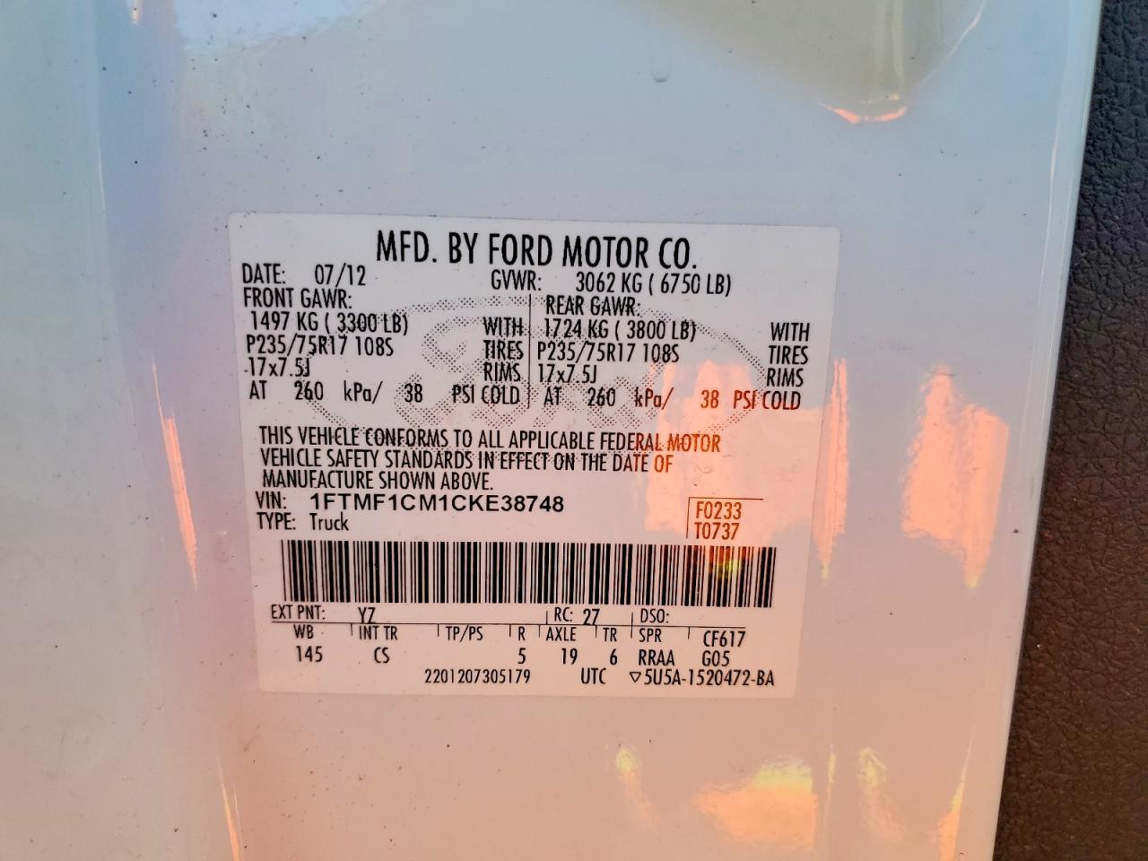2012 Ford F150 VIN 1FTMF1CM1CKE38748 photo 12
