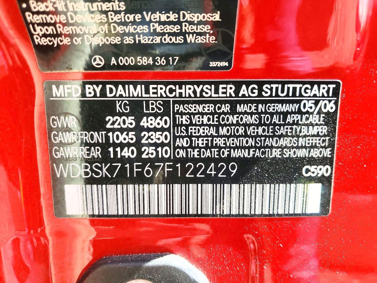 2007 Mercedes-Benz Sl-class VIN WDBSK71F67F122429 photo 12