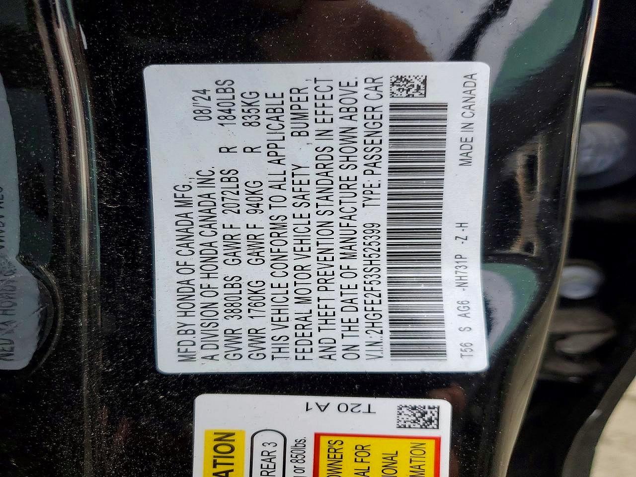 2025 Honda Civic VIN 2HGFE2F53SH525399 photo 12